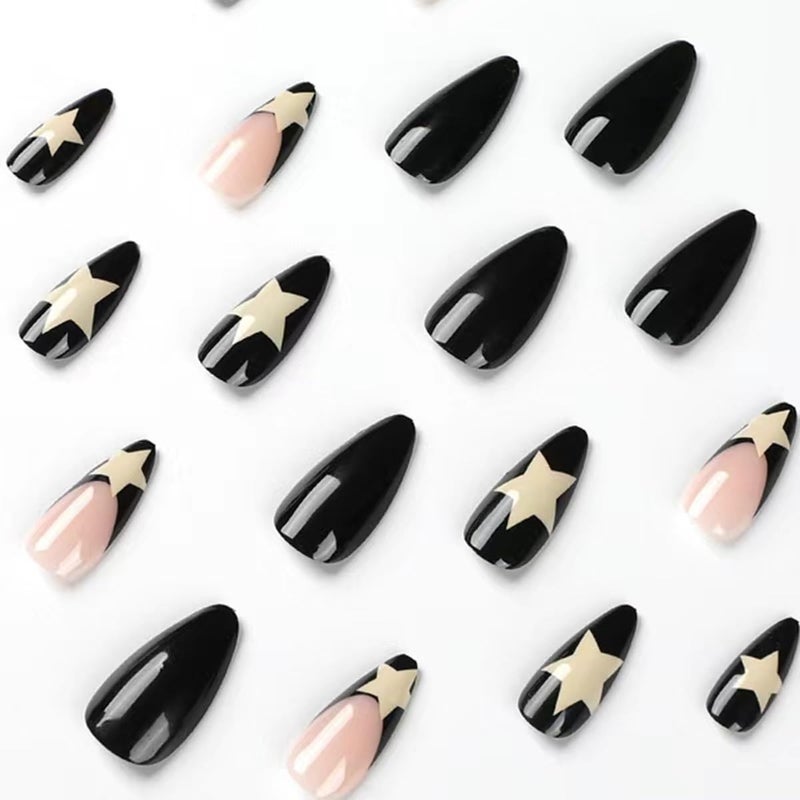 CTTHNBD Medium Almond Press on Nails Black Fake Nails White Star False Nails with French Tip Design for Women Manicure 24Pcs - Image 3